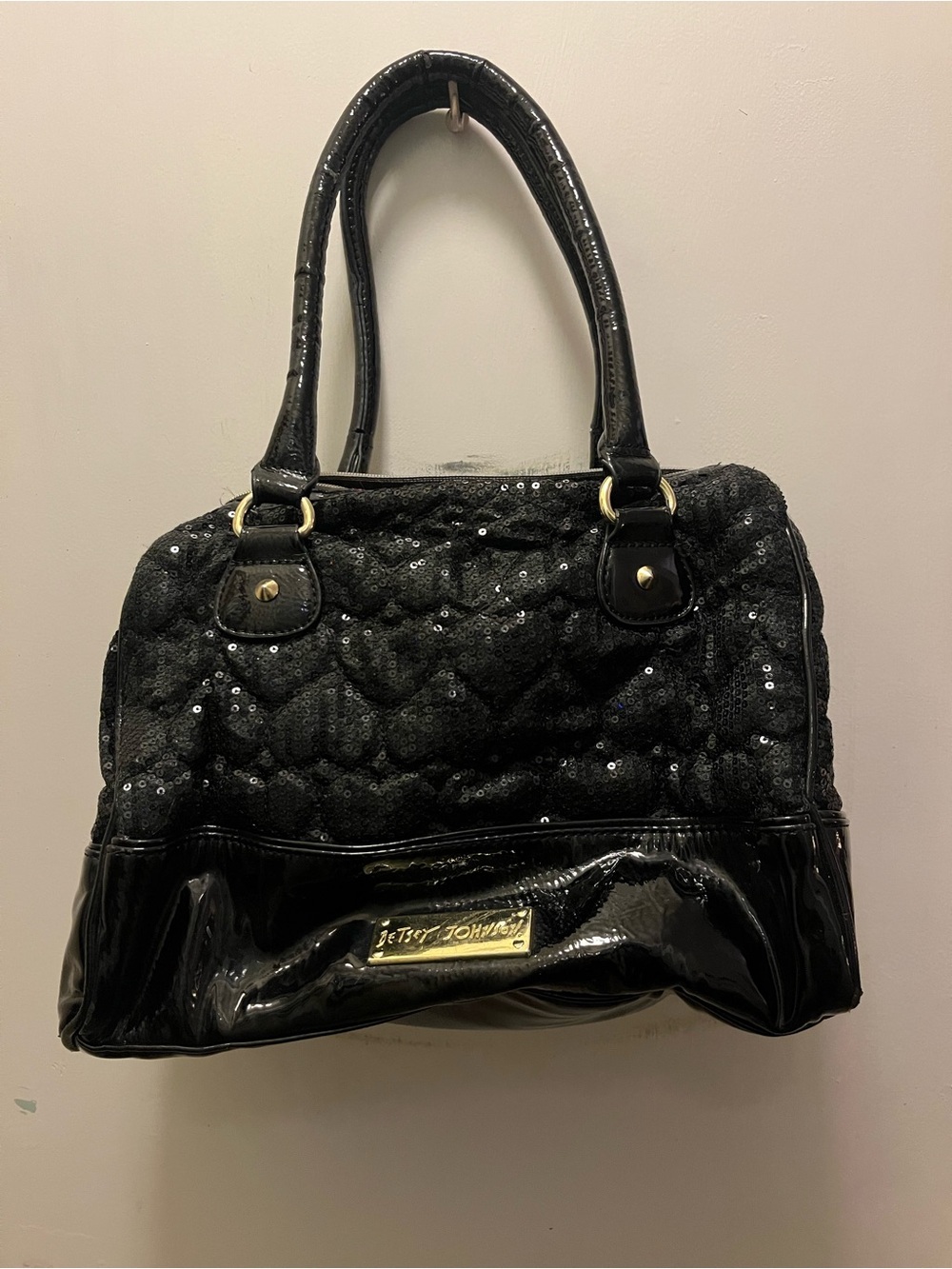 Betsey Johnson Black Sequin Quilted Shoulder Bag with Patent Trim